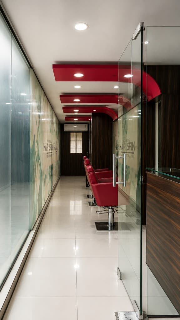 Main styling floor with red salon chairs
